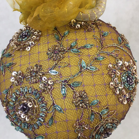Abigail: Mustard Yellow Hand Beaded Dome Cocktail Fascinator Accented with Handmade Organza Floral Vine