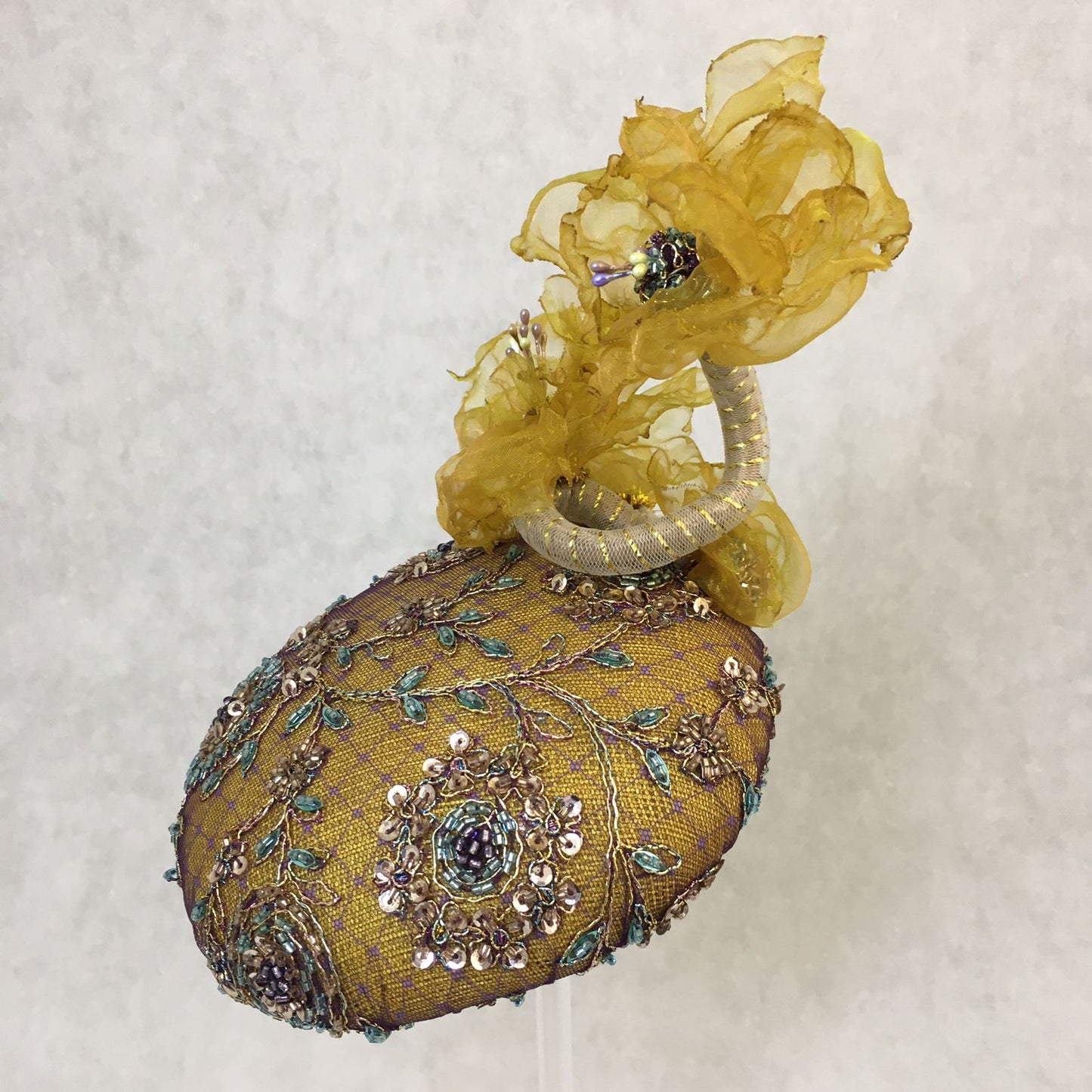 Abigail: Mustard Yellow Hand Beaded Dome Cocktail Fascinator Accented with Handmade Organza Floral Vine