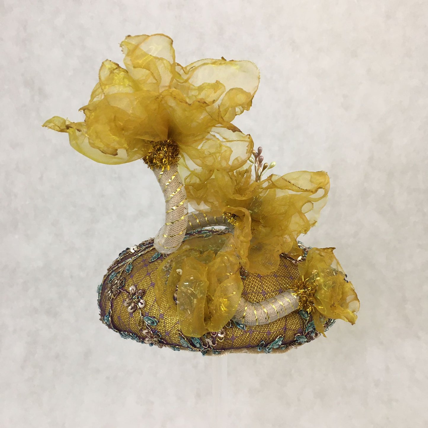 Abigail: Mustard Yellow Hand Beaded Dome Cocktail Fascinator Accented with Handmade Organza Floral Vine