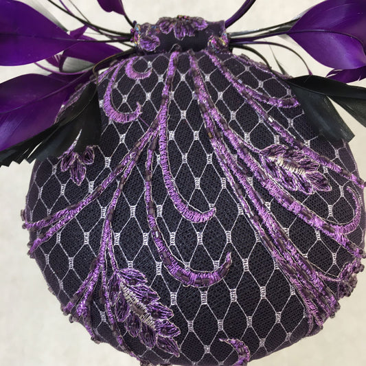 Addison: Purple Hand Beaded Dome Cocktail Fascinator Accented with a Feather Bow