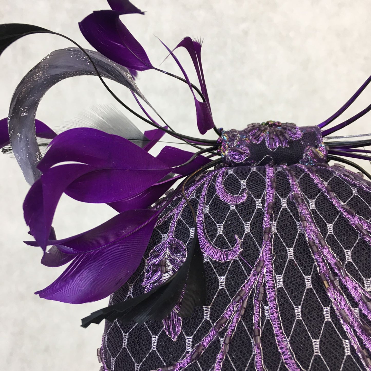 Addison: Purple Hand Beaded Dome Cocktail Fascinator Accented with a Feather Bow