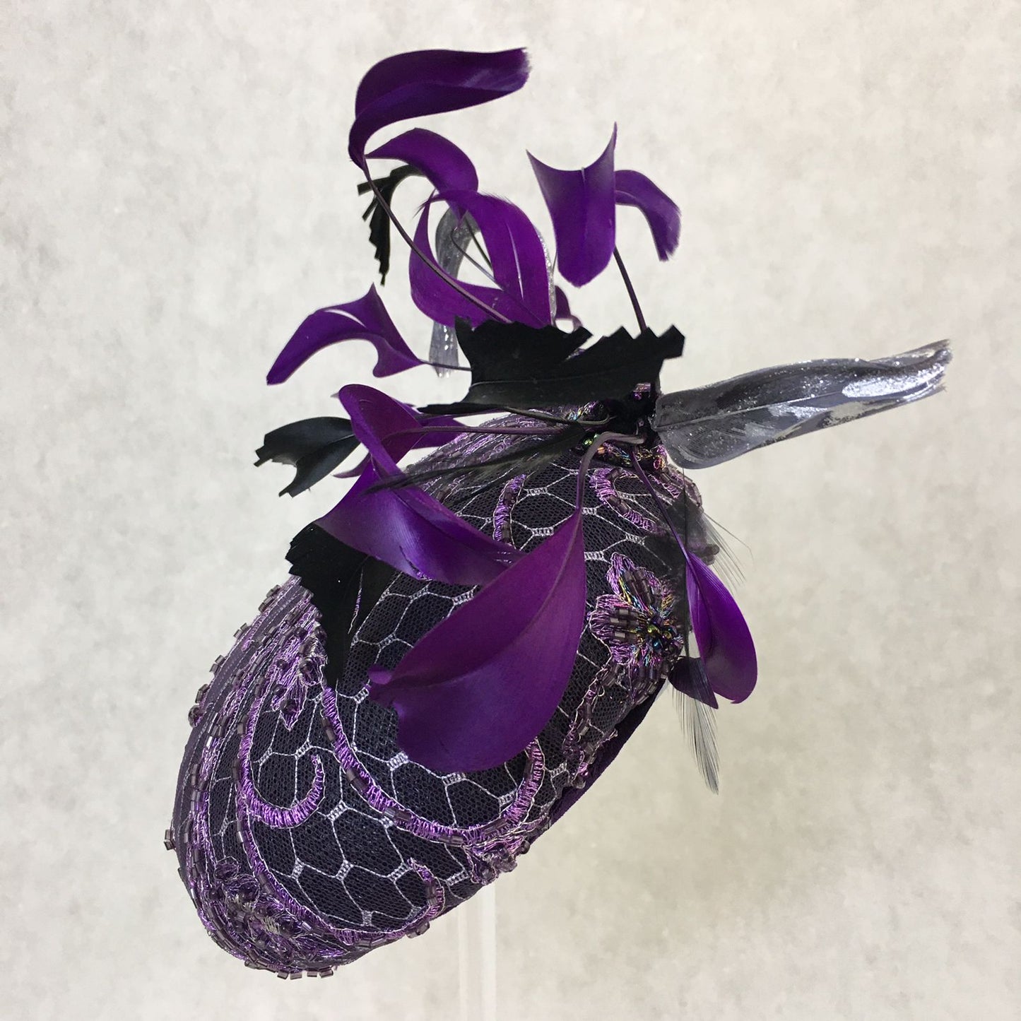 Addison: Purple Hand Beaded Dome Cocktail Fascinator Accented with a Feather Bow