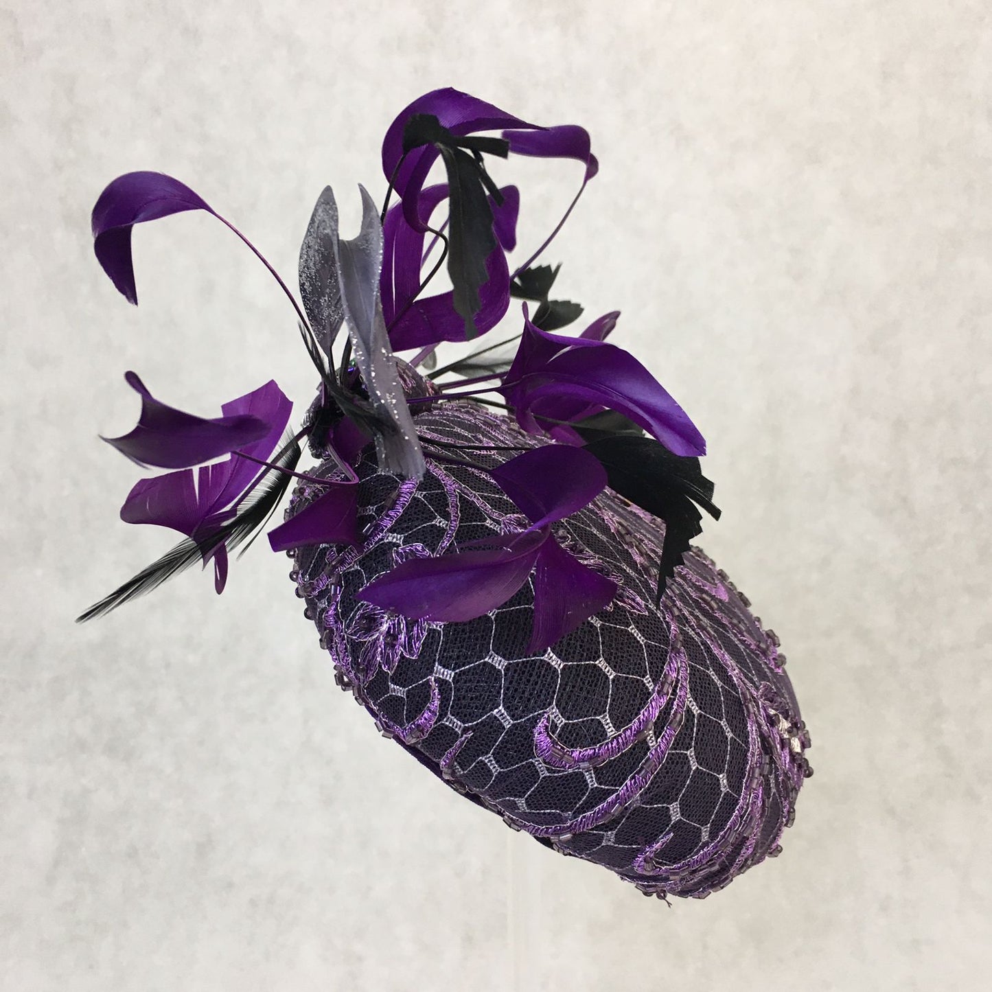 Addison: Purple Hand Beaded Dome Cocktail Fascinator Accented with a Feather Bow