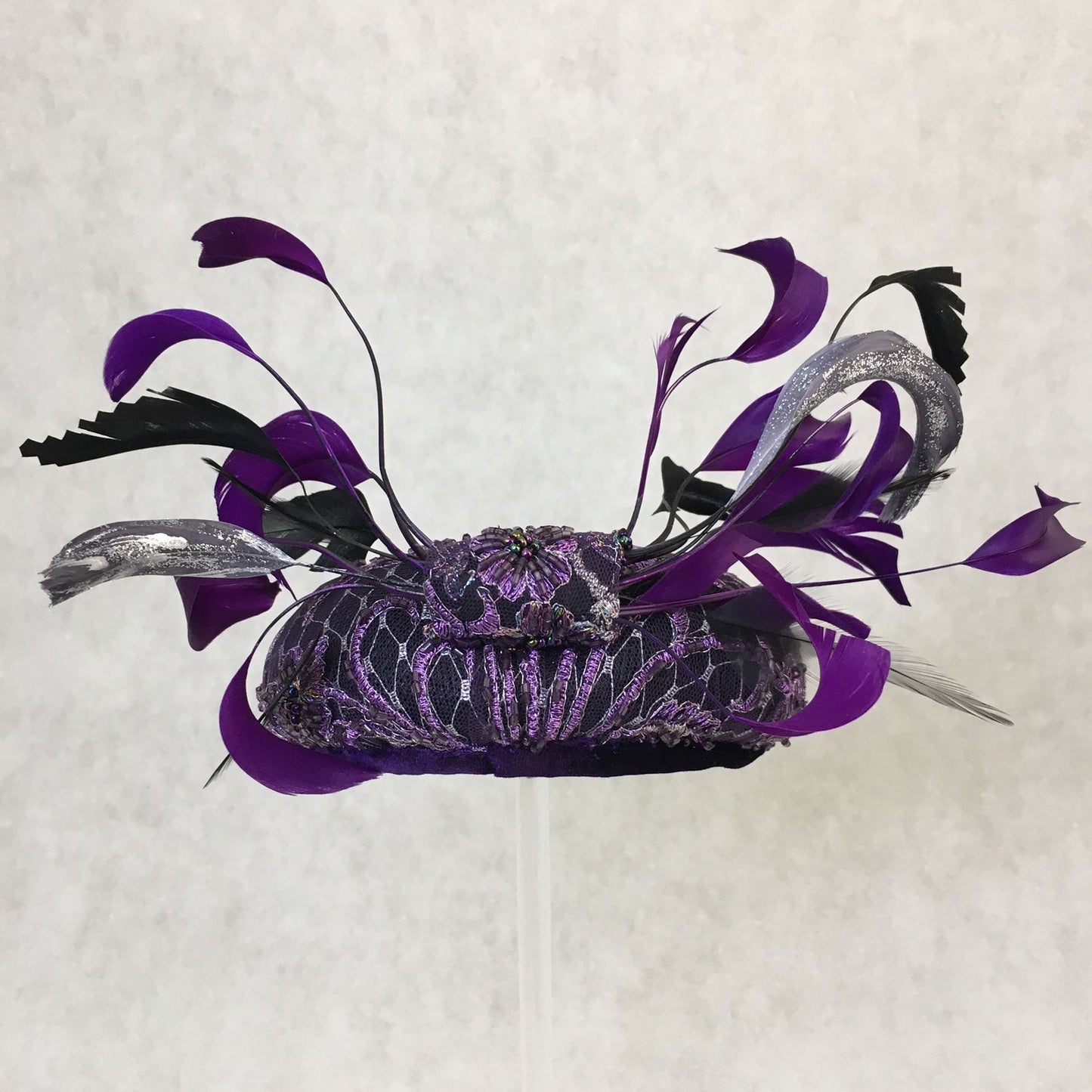Addison: Purple Hand Beaded Dome Cocktail Fascinator Accented with a Feather Bow