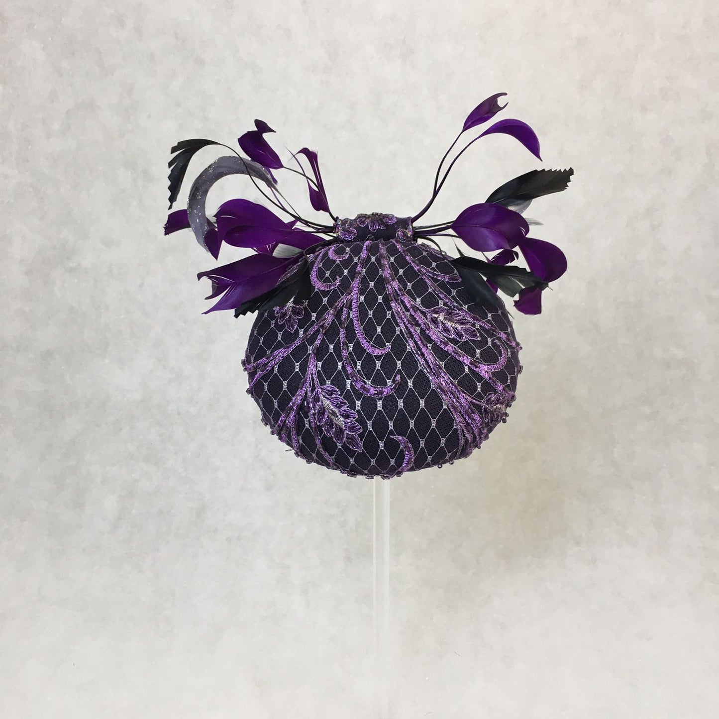 Addison: Purple Hand Beaded Dome Cocktail Fascinator Accented with a Feather Bow