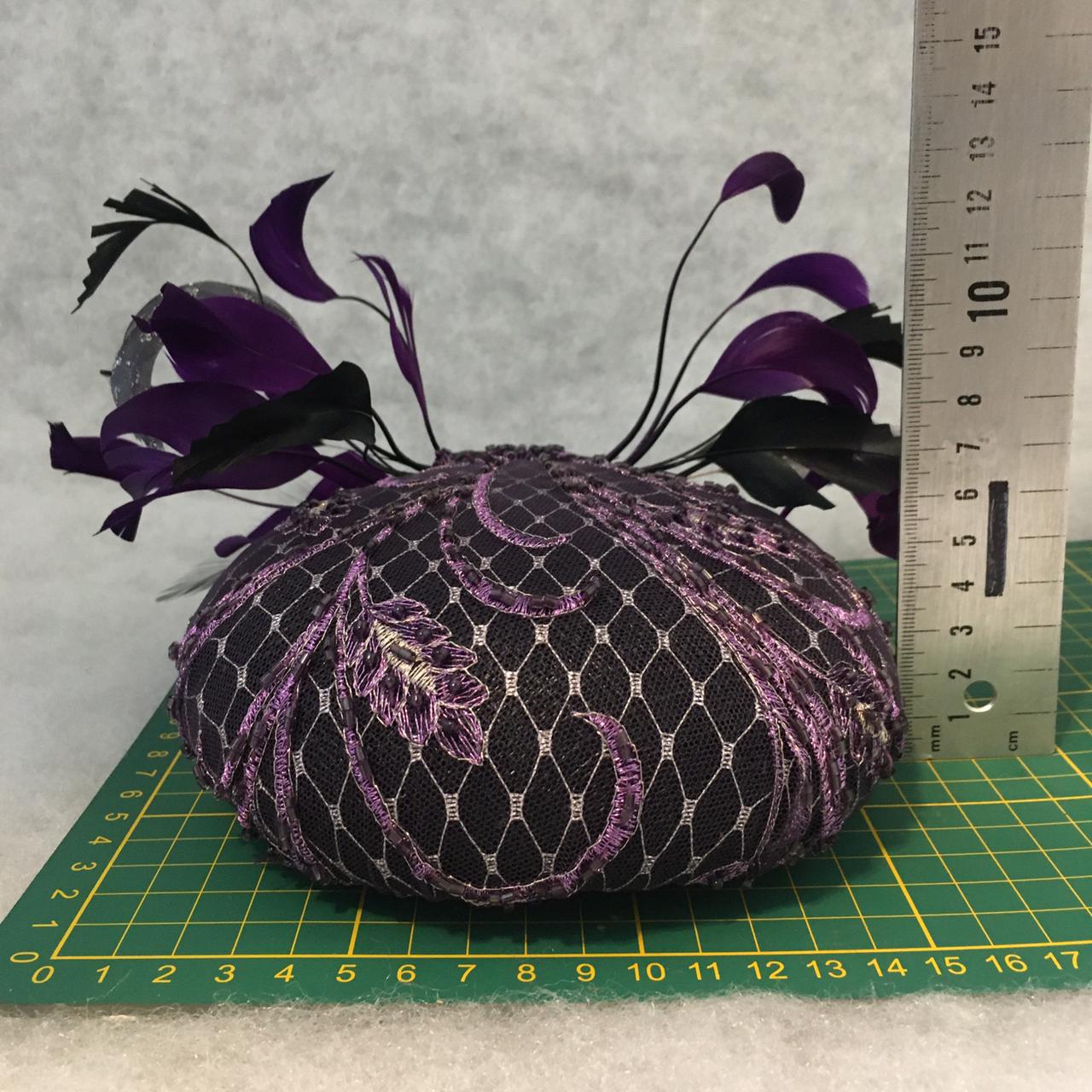 Addison: Purple Hand Beaded Dome Cocktail Fascinator Accented with a Feather Bow