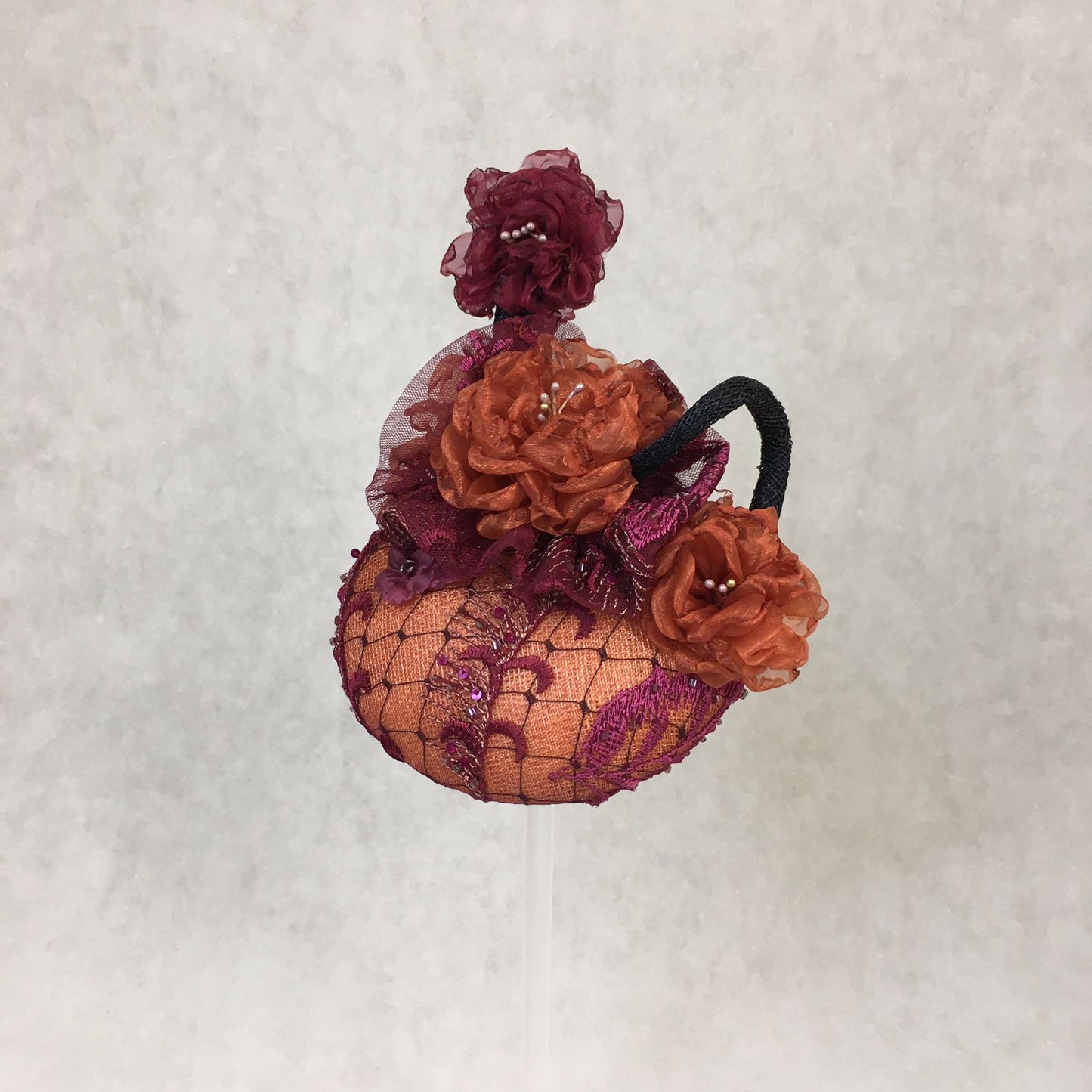 Amelia: Mini Dome Cocktail Dome Fascinator Accented with Handmade Organza Lined Florals