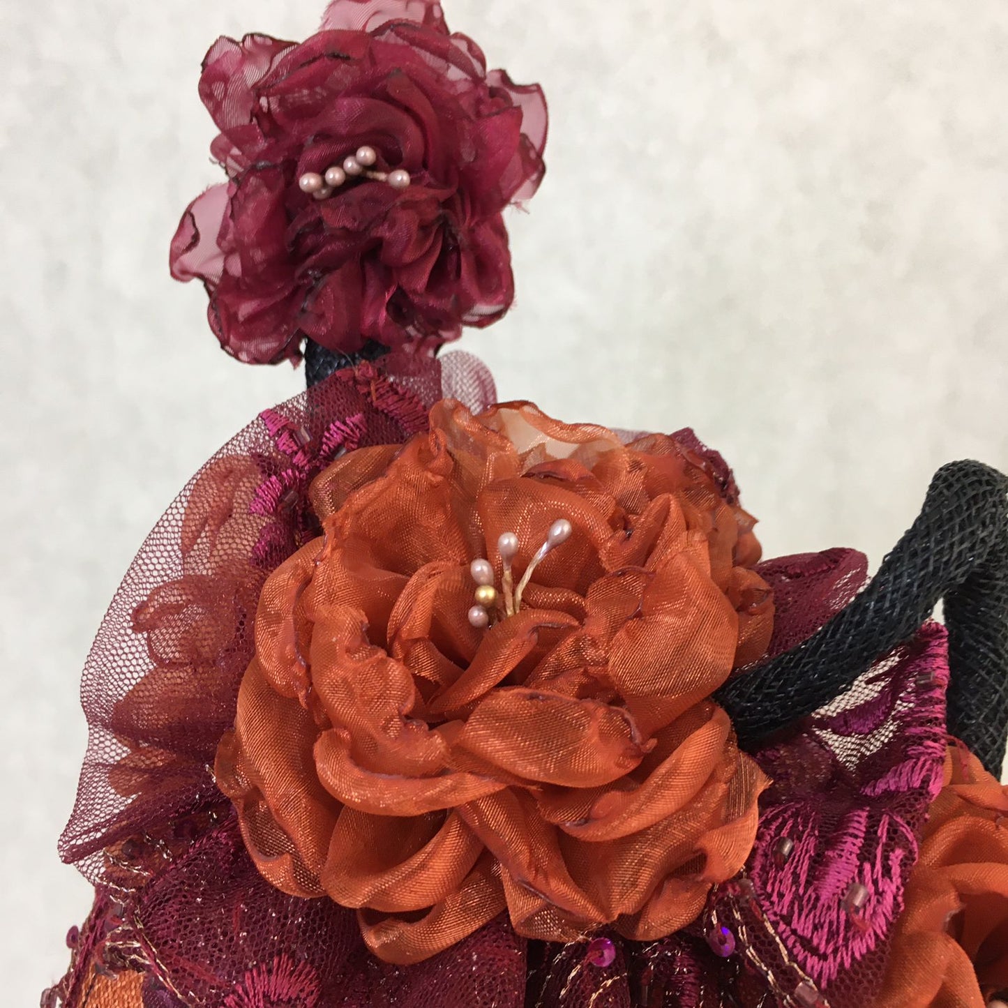 Amelia: Mini Dome Cocktail Dome Fascinator Accented with Handmade Organza Lined Florals