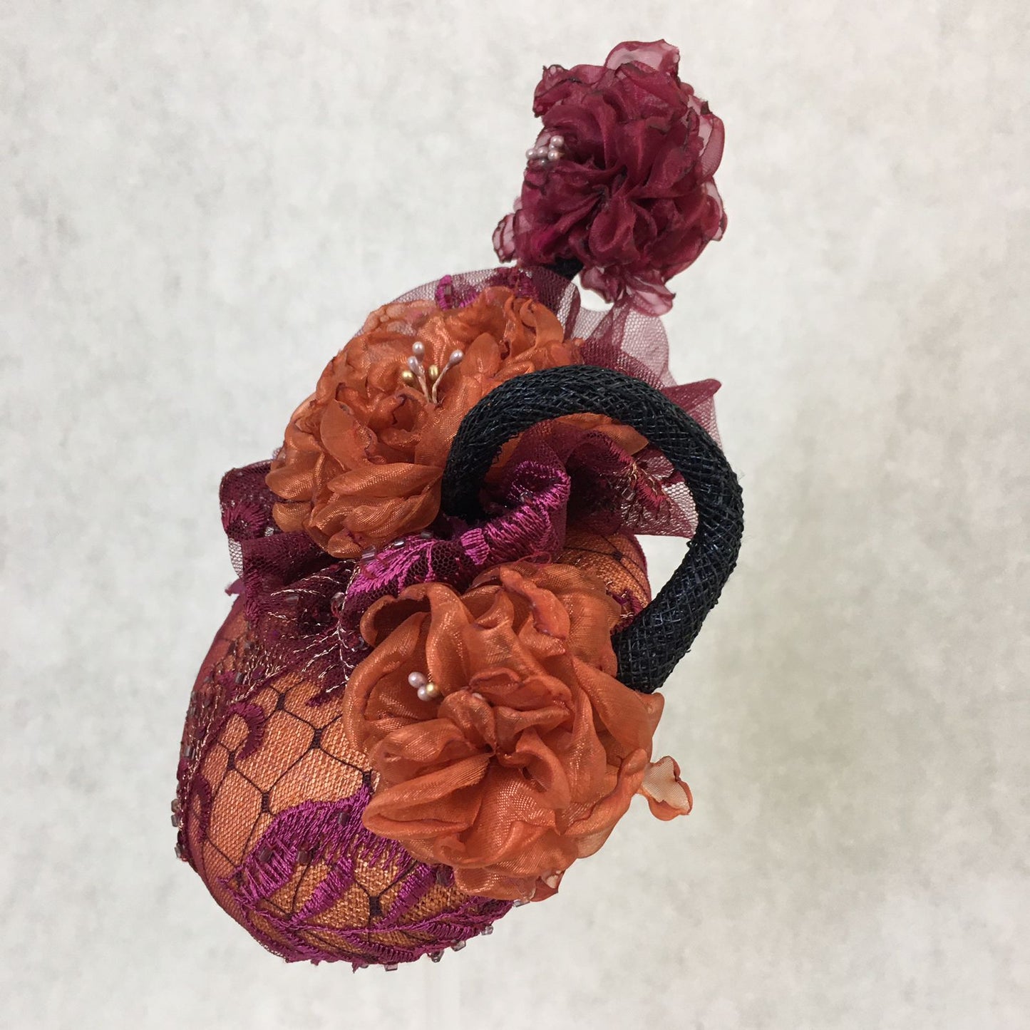 Amelia: Mini Dome Cocktail Dome Fascinator Accented with Handmade Organza Lined Florals