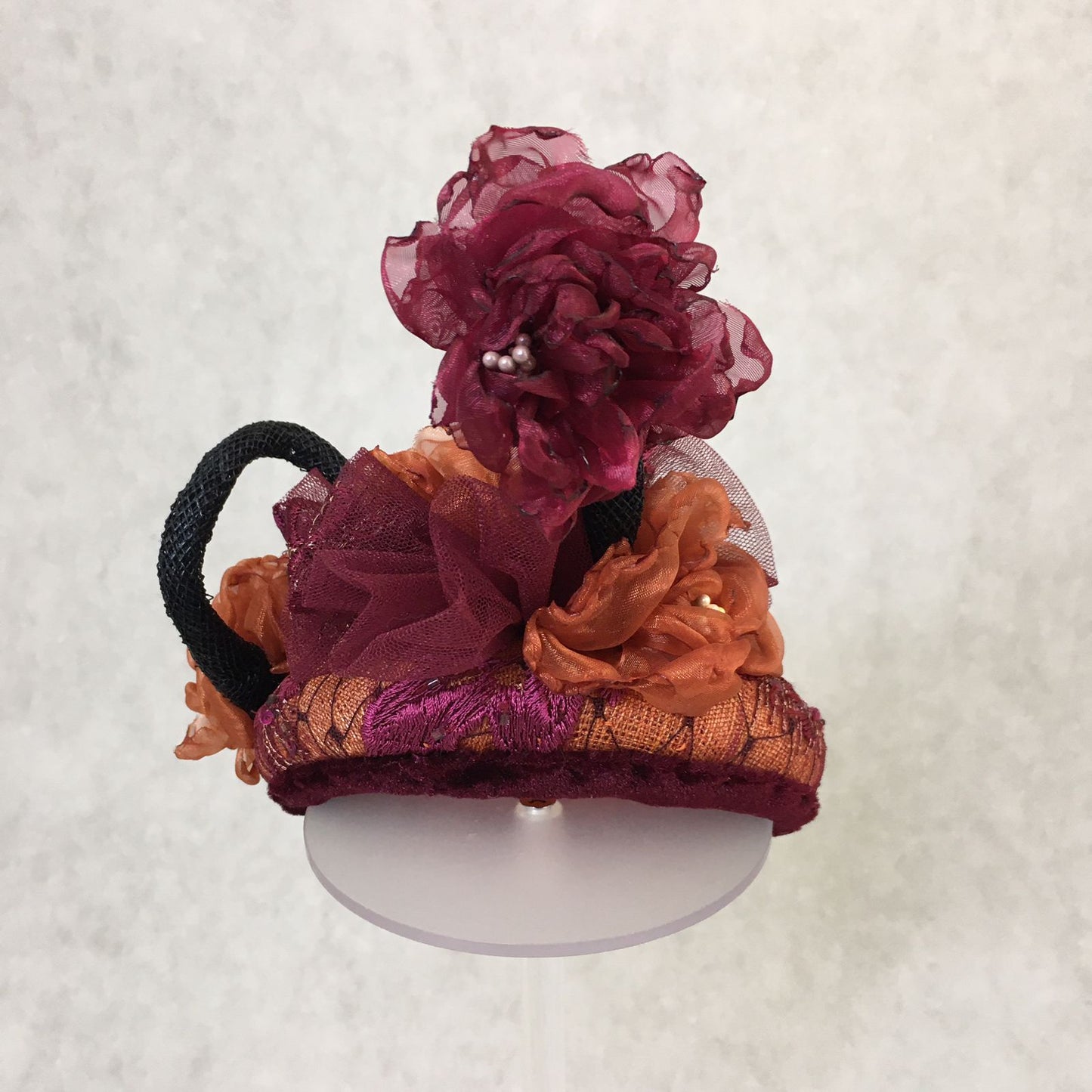 Amelia: Mini Dome Cocktail Dome Fascinator Accented with Handmade Organza Lined Florals