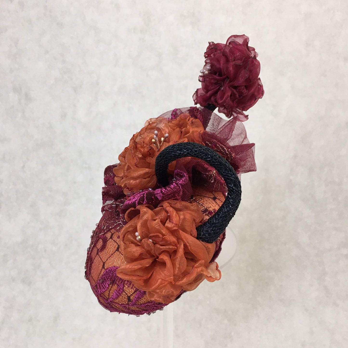 Amelia: Mini Dome Cocktail Dome Fascinator Accented with Handmade Organza Lined Florals
