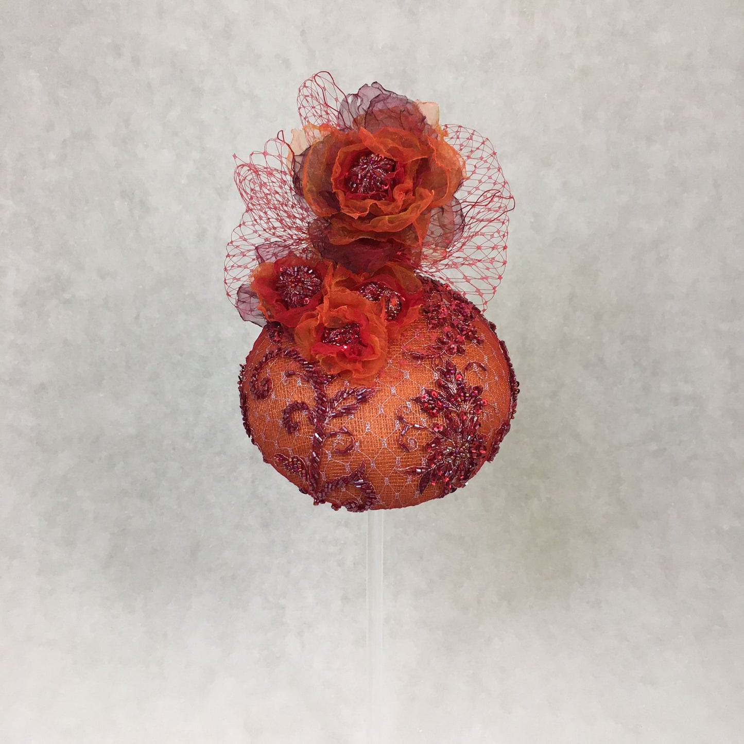 Anna: Vibrant Orange Dome Cocktail Fascinator Accented with Handmade Hues of Organza Florals