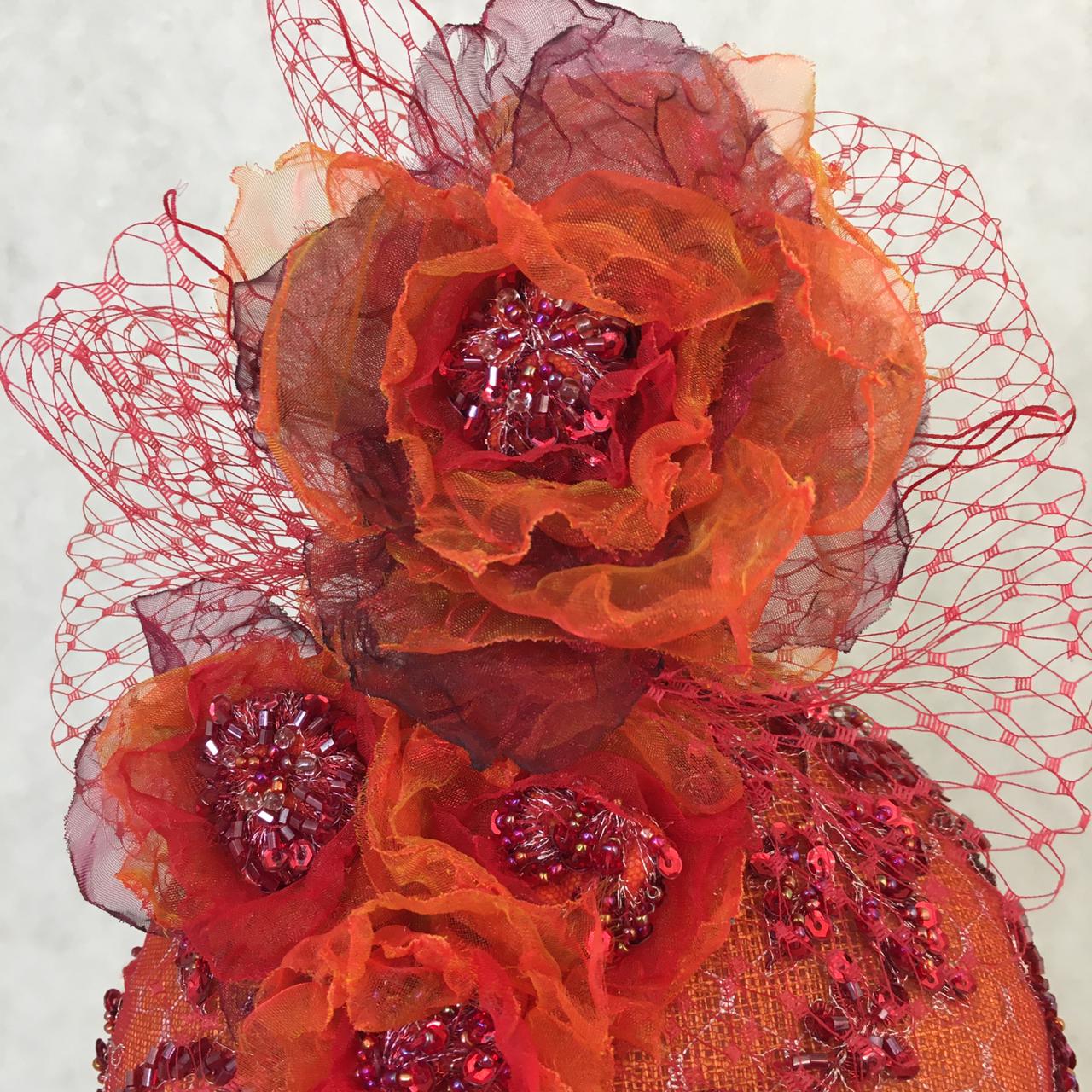 Anna: Vibrant Orange Dome Cocktail Fascinator Accented with Handmade Hues of Organza Florals