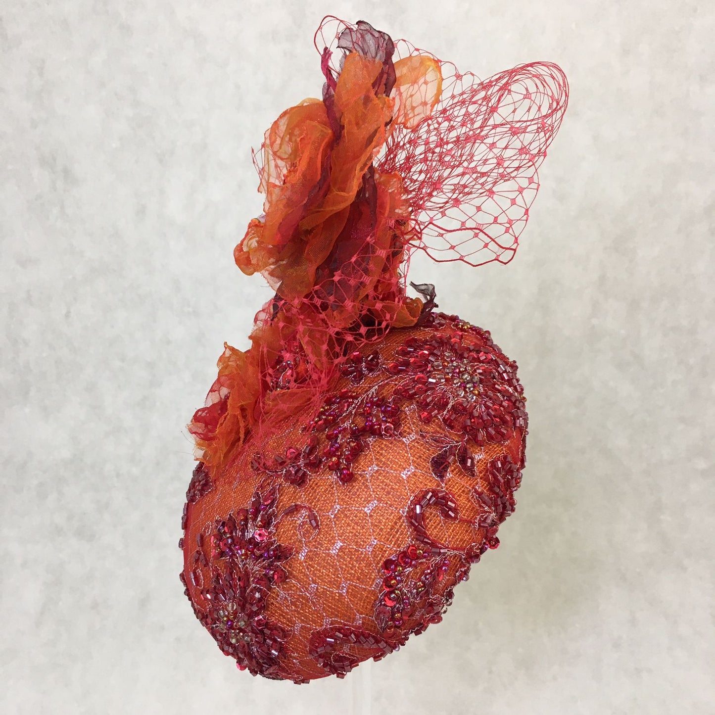 Anna: Vibrant Orange Dome Cocktail Fascinator Accented with Handmade Hues of Organza Florals