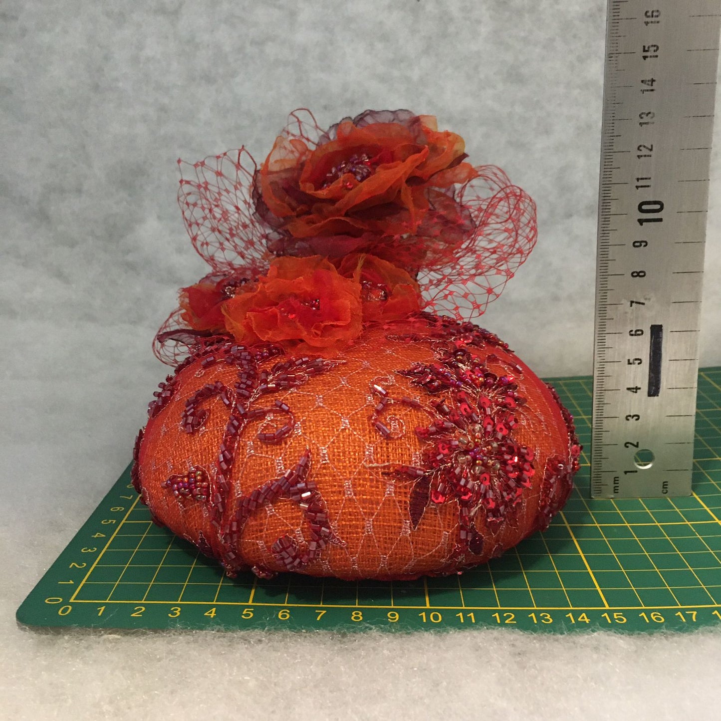 Anna: Vibrant Orange Dome Cocktail Fascinator Accented with Handmade Hues of Organza Florals