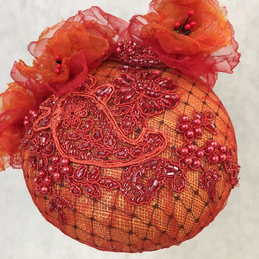 Aria: Orange Compact Dome Cocktail Fascinator Accented with Handmade Organza Florals on a Beaded Vine