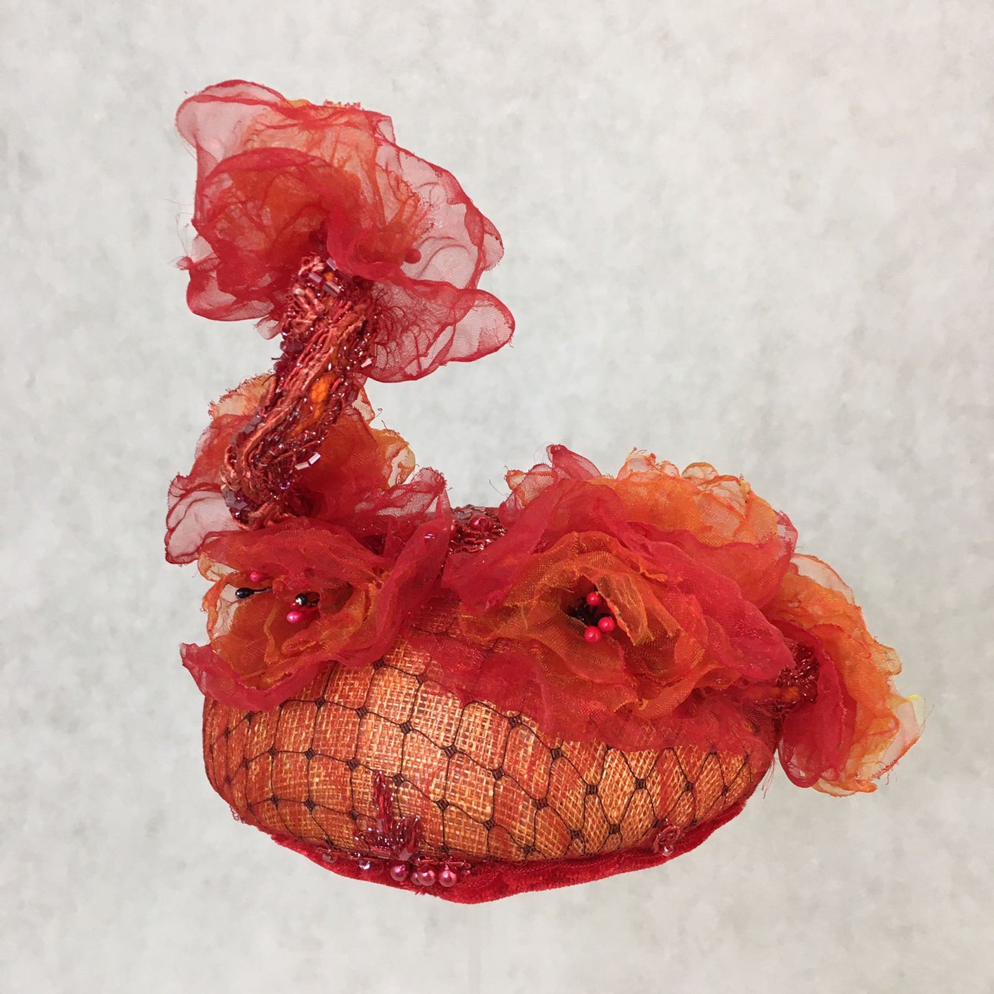 Aria: Orange Compact Dome Cocktail Fascinator Accented with Handmade Organza Florals on a Beaded Vine