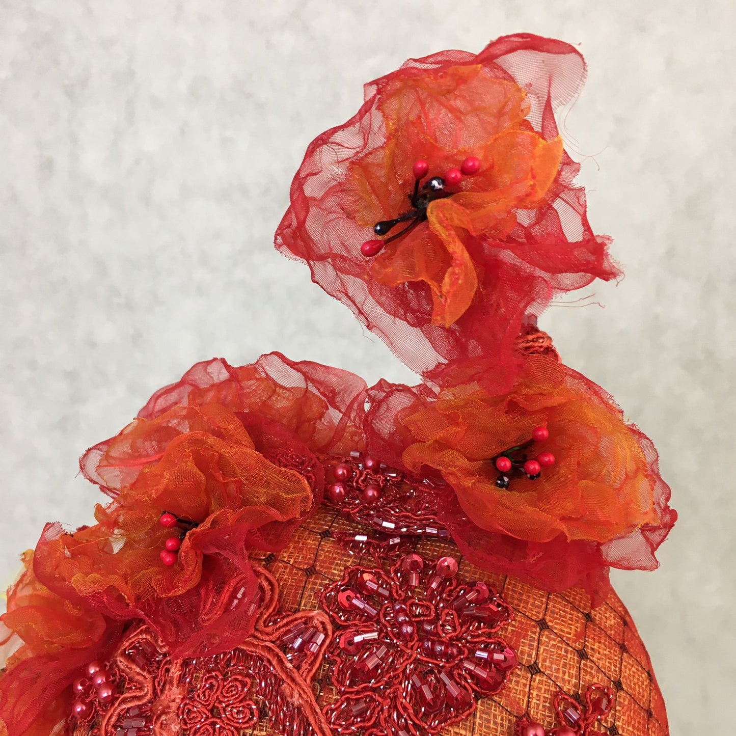 Aria: Orange Compact Dome Cocktail Fascinator Accented with Handmade Organza Florals on a Beaded Vine