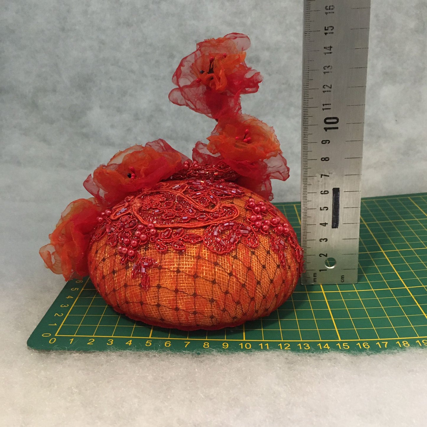 Aria: Orange Compact Dome Cocktail Fascinator Accented with Handmade Organza Florals on a Beaded Vine