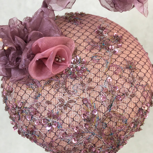 Athena: Dusty Pink Low Dome Cocktail Fascinator Trimmed with Handmade Flowers