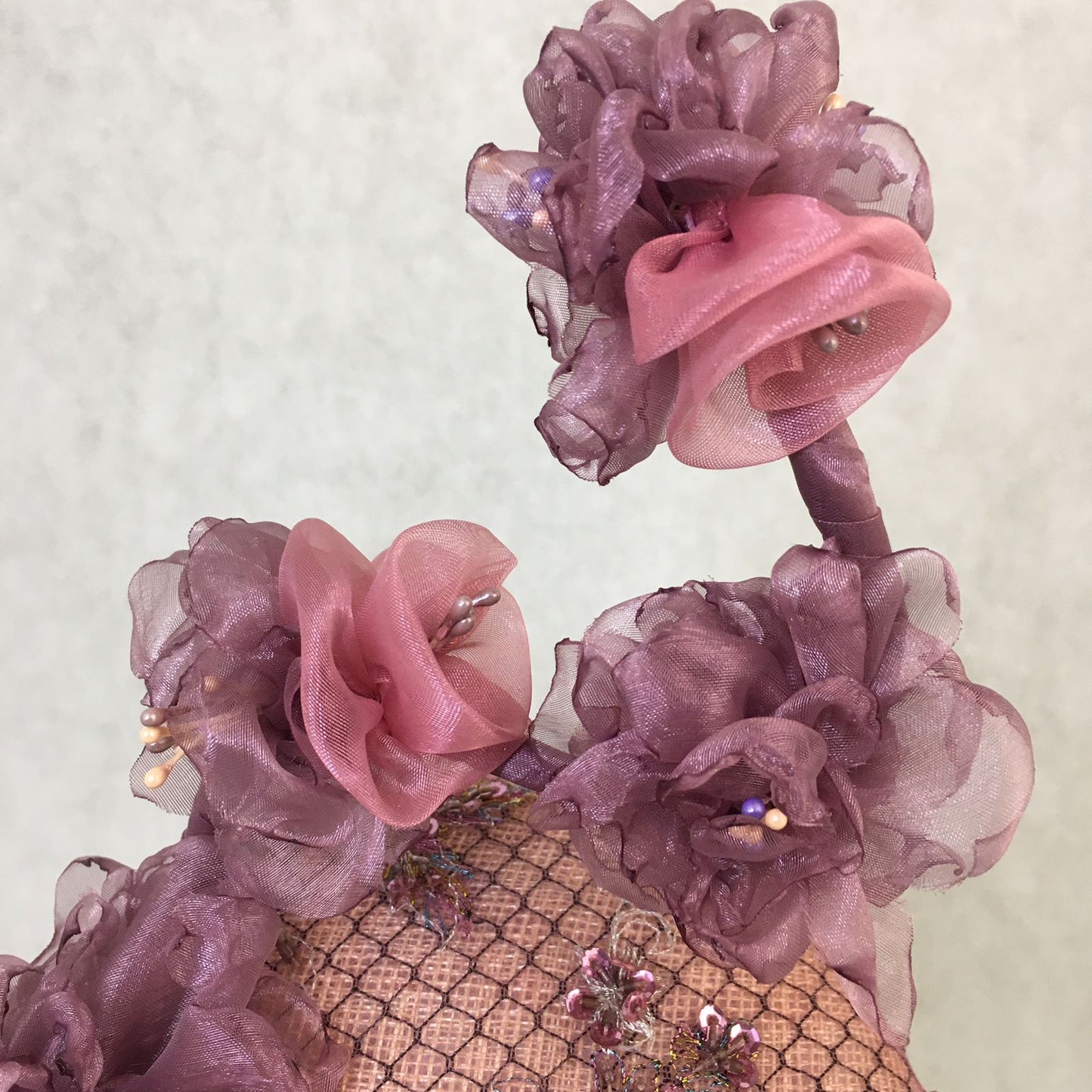 Athena: Dusty Pink Low Dome Cocktail Fascinator Trimmed with Handmade Flowers
