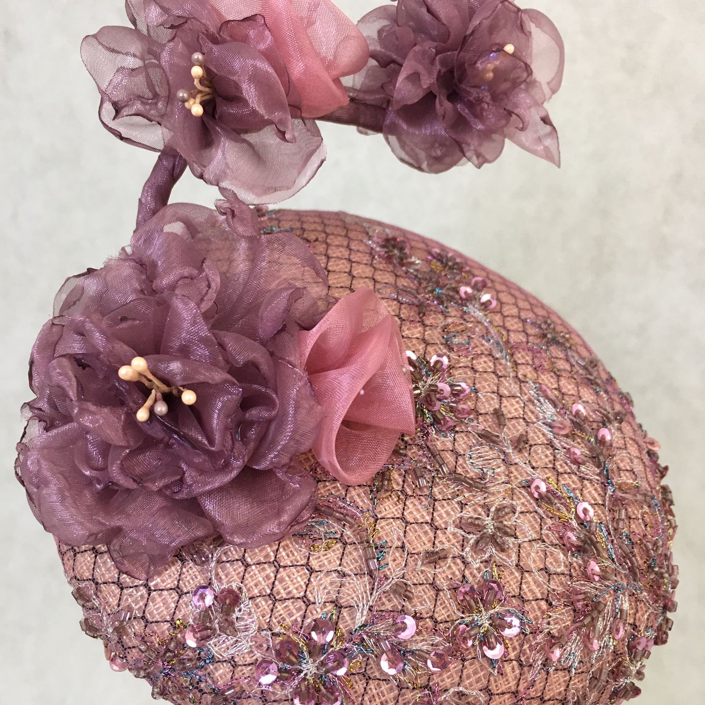 Athena: Dusty Pink Low Dome Cocktail Fascinator Trimmed with Handmade Flowers