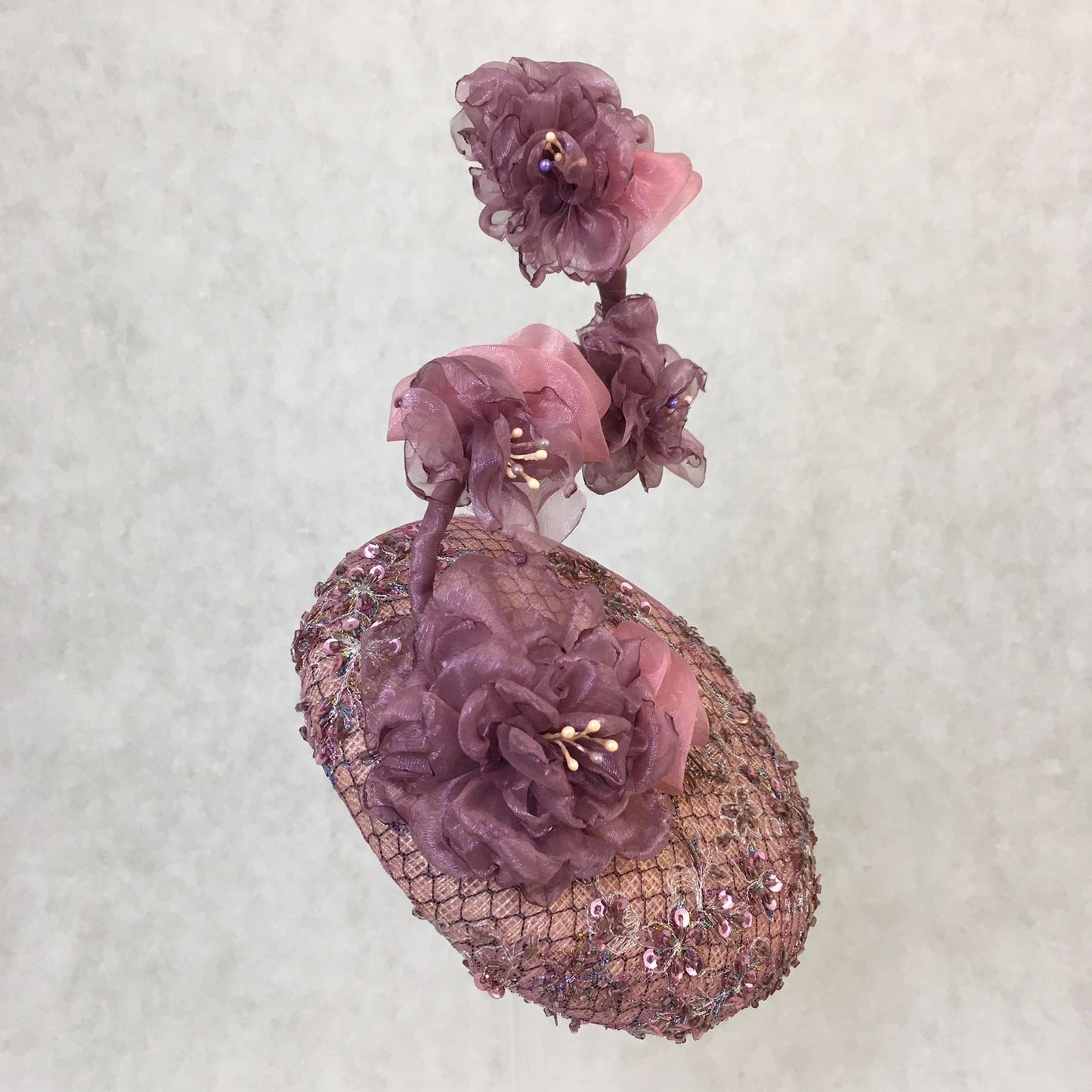 Athena: Dusty Pink Low Dome Cocktail Fascinator Trimmed with Handmade Flowers