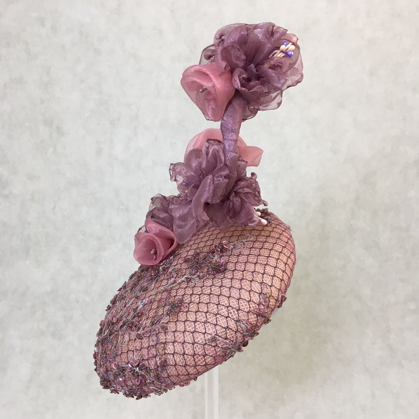 Athena: Dusty Pink Low Dome Cocktail Fascinator Trimmed with Handmade Flowers