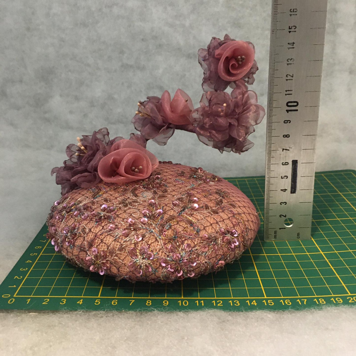 Athena: Dusty Pink Low Dome Cocktail Fascinator Trimmed with Handmade Flowers