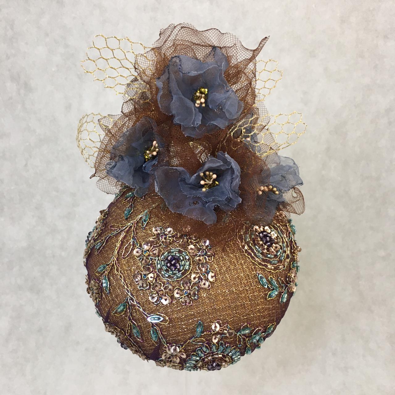 Audrey: Gold / Brown Dome Cocktail Hat Accented with Handmade Organza Floral Spray