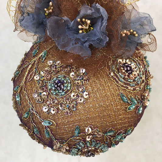 Audrey: Gold / Brown Dome Cocktail Hat Accented with Handmade Organza Floral Spray