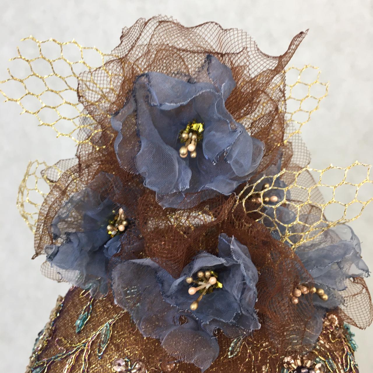 Audrey: Gold / Brown Dome Cocktail Hat Accented with Handmade Organza Floral Spray