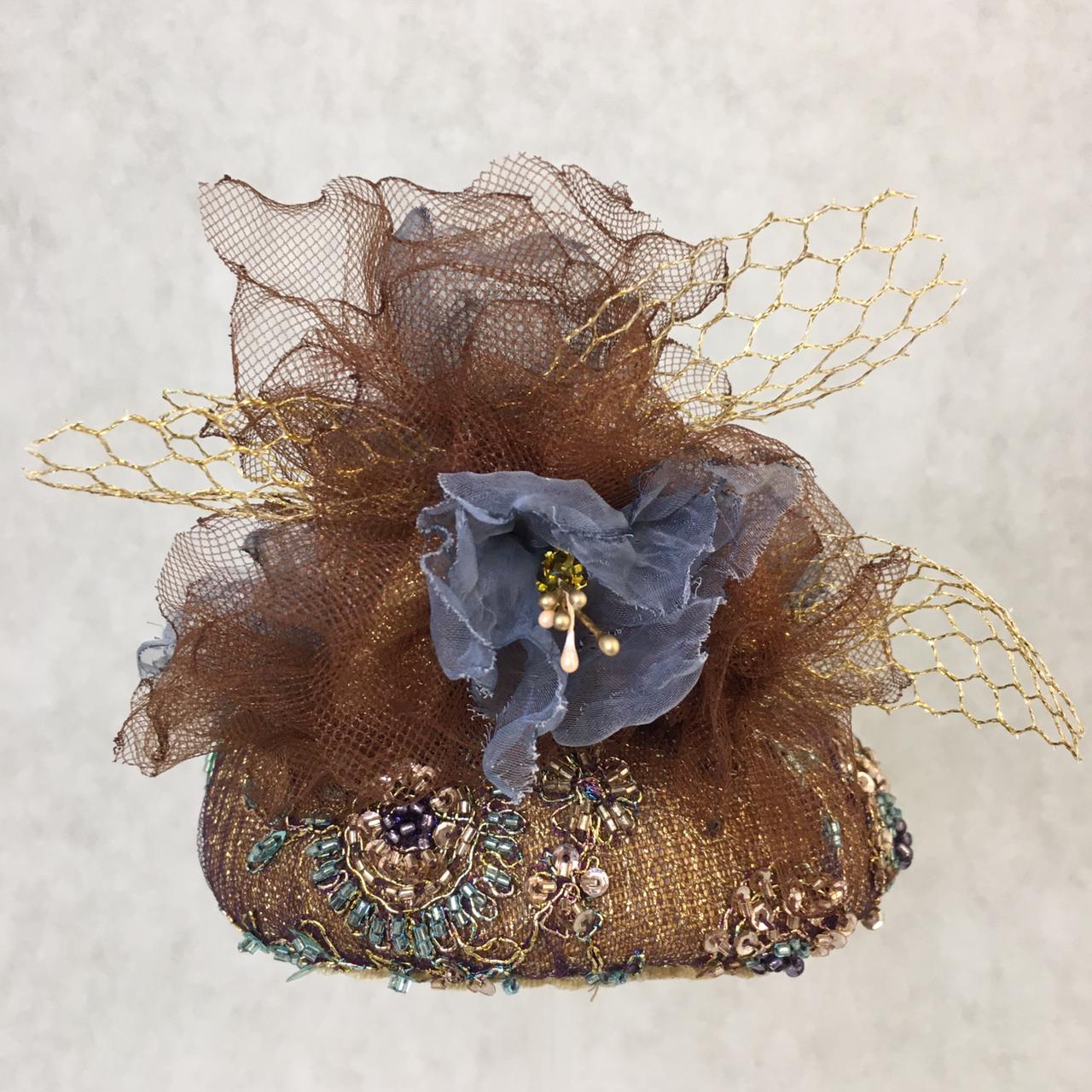 Audrey: Gold / Brown Dome Cocktail Hat Accented with Handmade Organza Floral Spray