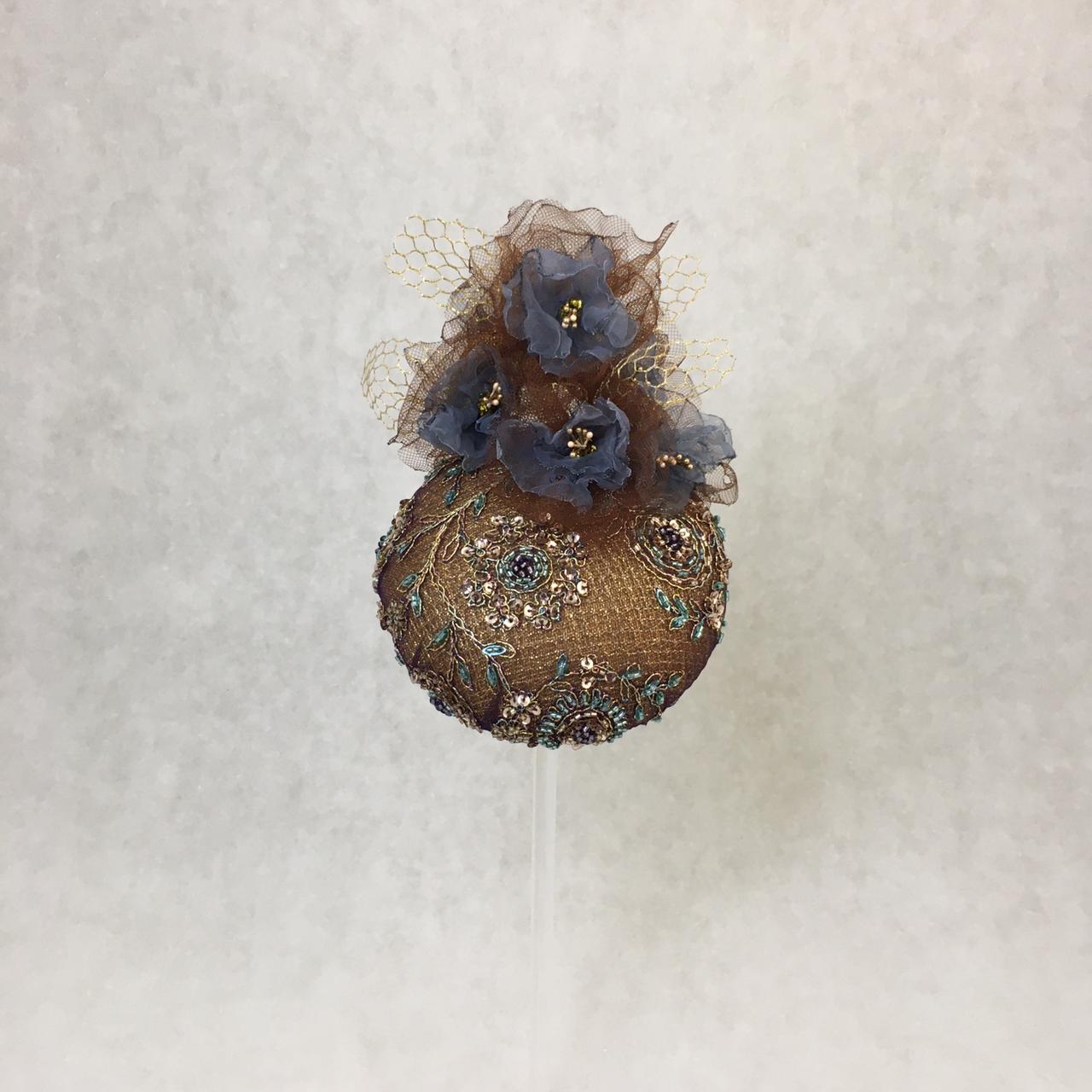 Audrey: Gold / Brown Dome Cocktail Hat Accented with Handmade Organza Floral Spray