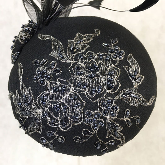Bailey: Black and Silver Dome Cocktail Hat Accented with Hand Painted Black Feathers and Crinolin Bow