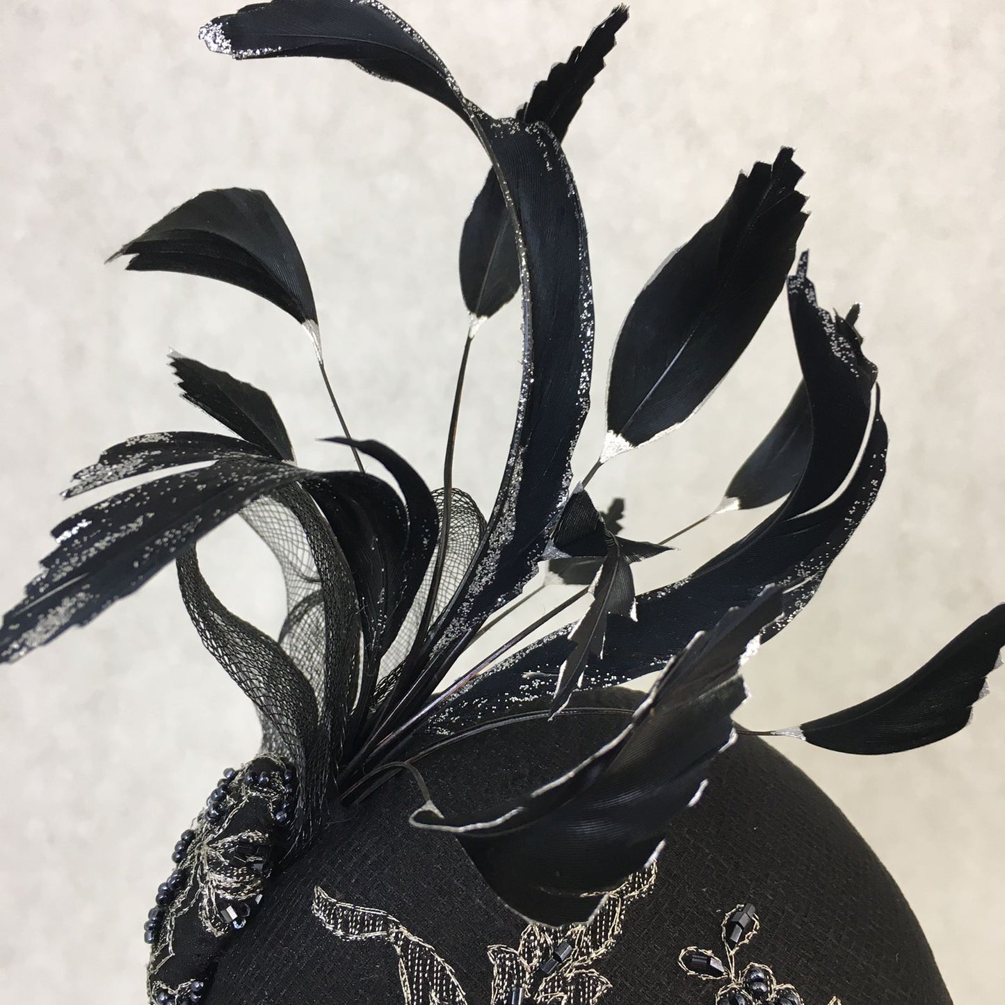 Bailey: Black and Silver Dome Cocktail Hat Accented with Hand Painted Black Feathers and Crinolin Bow