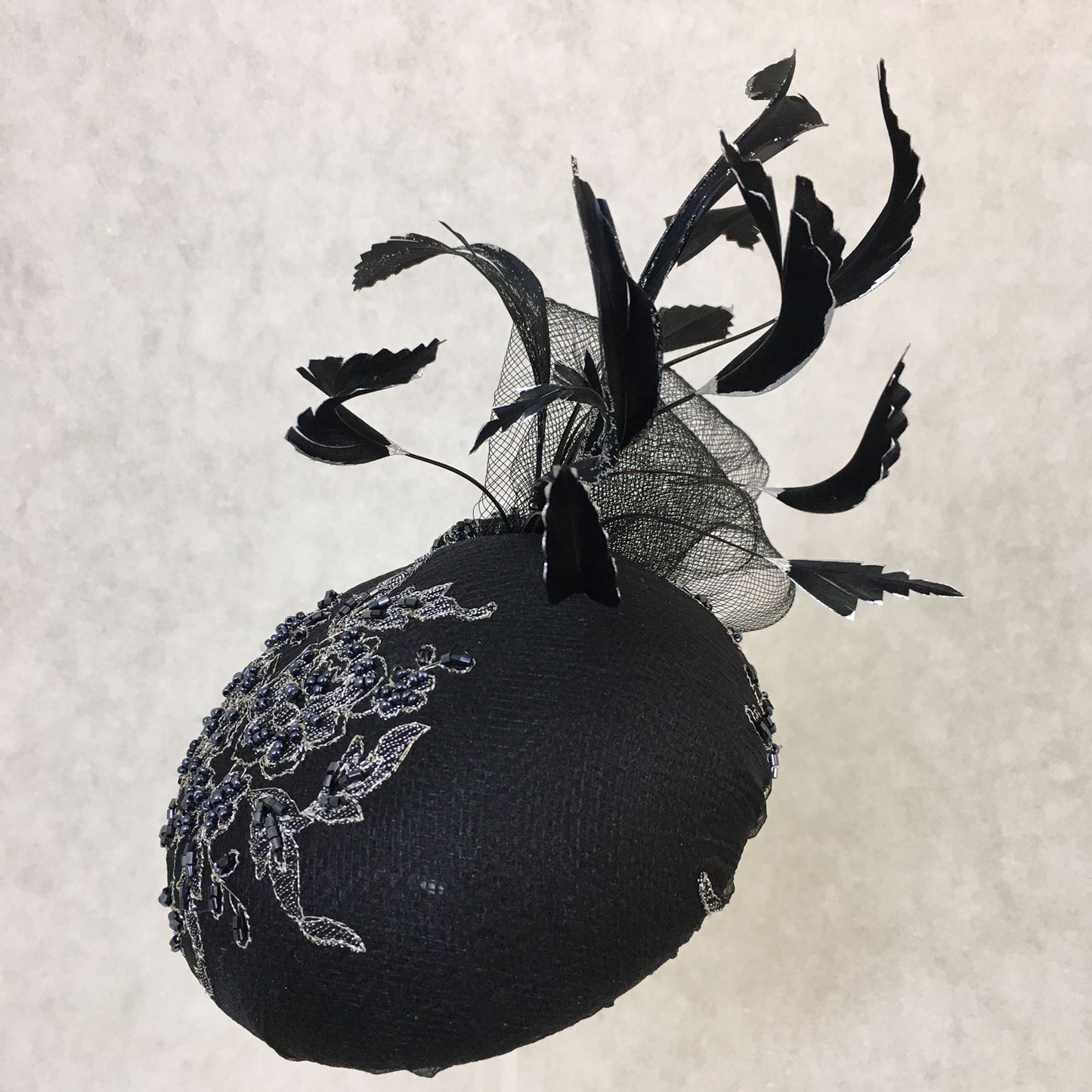 Bailey: Black and Silver Dome Cocktail Hat Accented with Hand Painted Black Feathers and Crinolin Bow