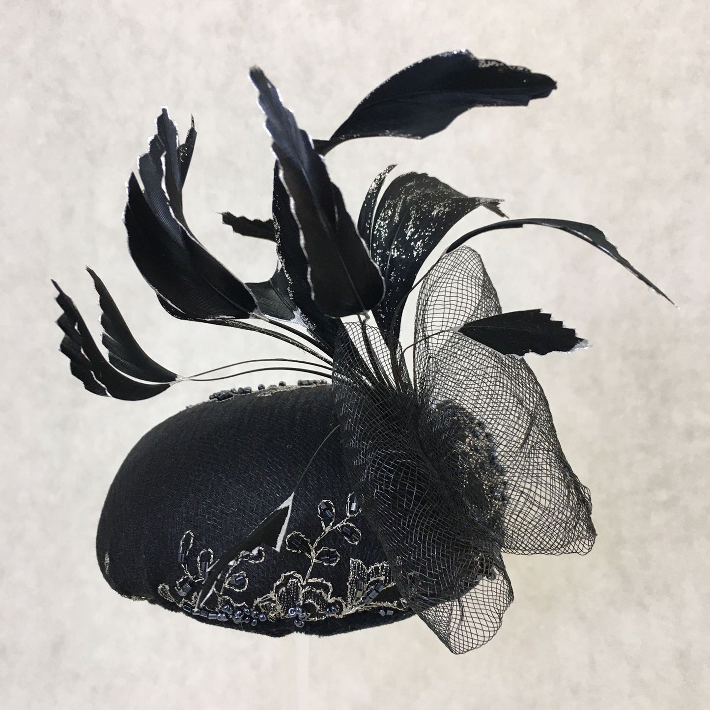 Bailey: Black and Silver Dome Cocktail Hat Accented with Hand Painted Black Feathers and Crinolin Bow
