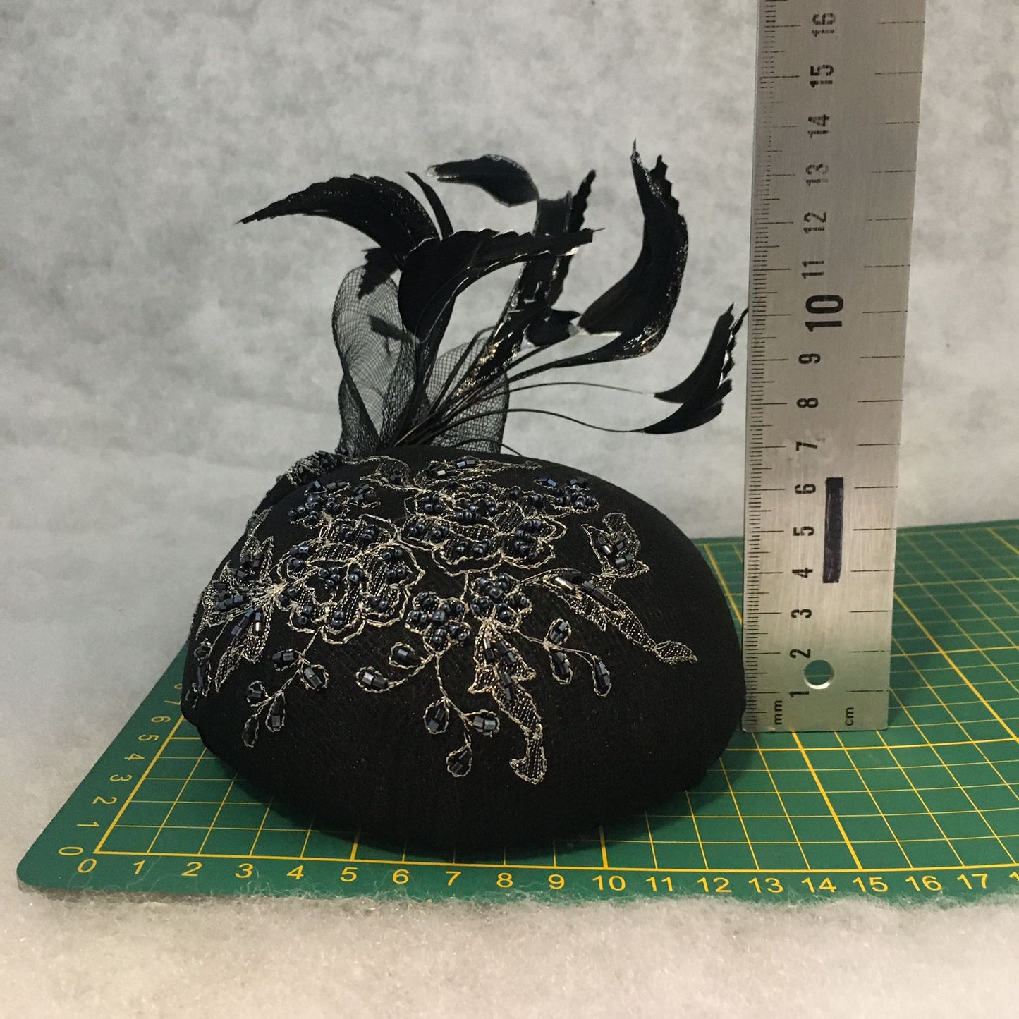 Bailey: Black and Silver Dome Cocktail Hat Accented with Hand Painted Black Feathers and Crinolin Bow