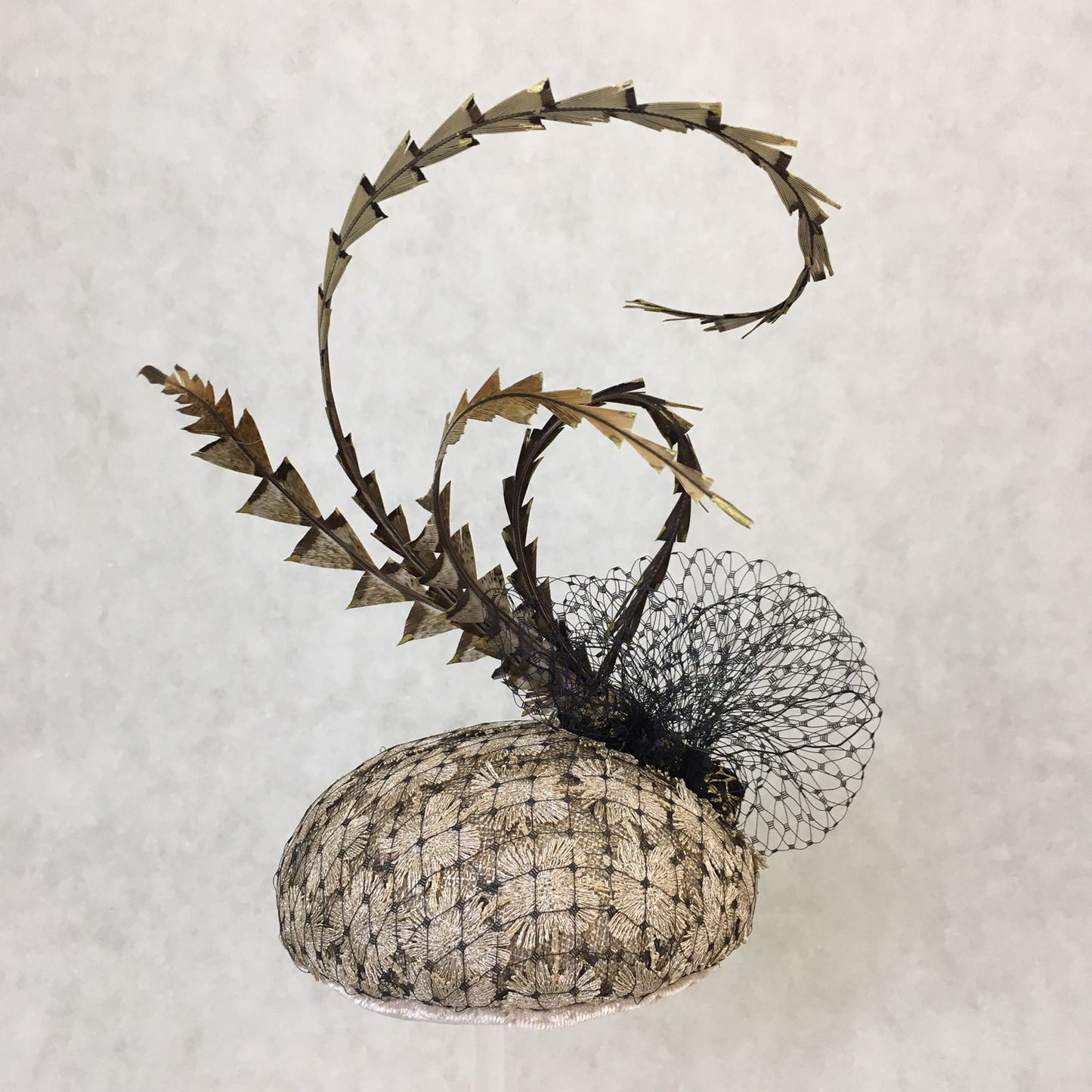 Bambi: Petite Dome Cocktail FascinatorAccented with Pheasant feathers and Black netted Veiling