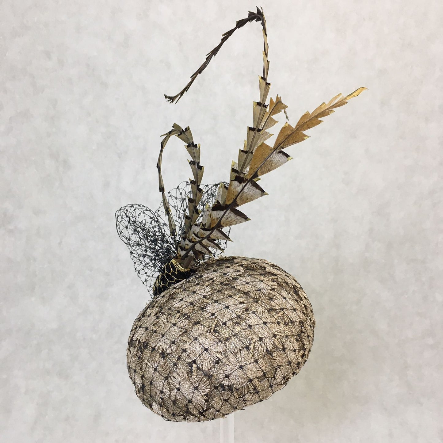 Bambi: Petite Dome Cocktail FascinatorAccented with Pheasant feathers and Black netted Veiling