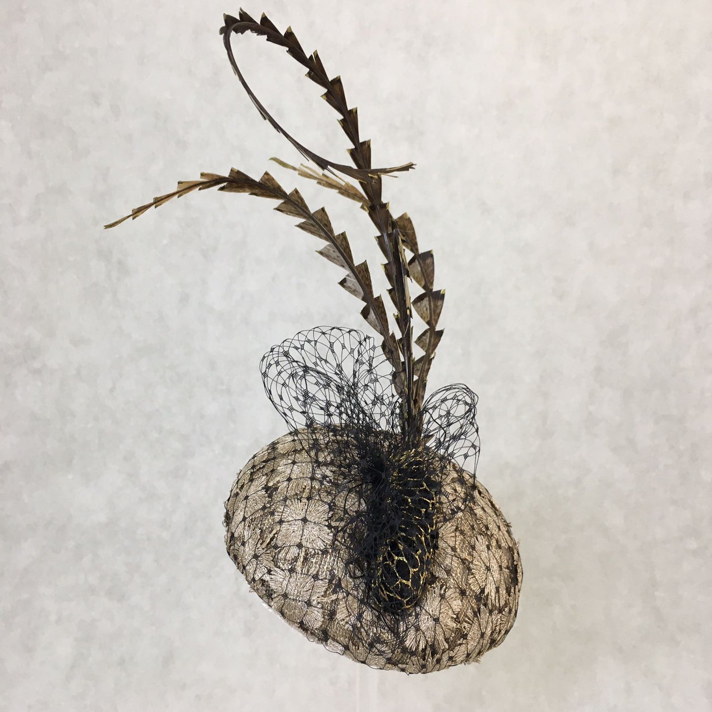Bambi: Petite Dome Cocktail FascinatorAccented with Pheasant feathers and Black netted Veiling
