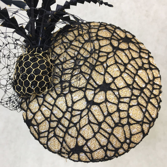 Barbara: Slanted Cocktail Fascinator with Gold Base and Spider Netting, Accented with Feather Spray