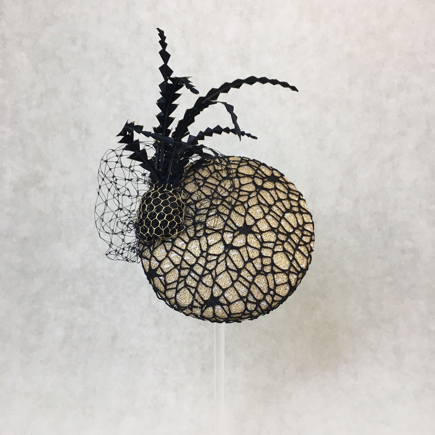 Barbara: Slanted Cocktail Fascinator with Gold Base and Spider Netting, Accented with Feather Spray