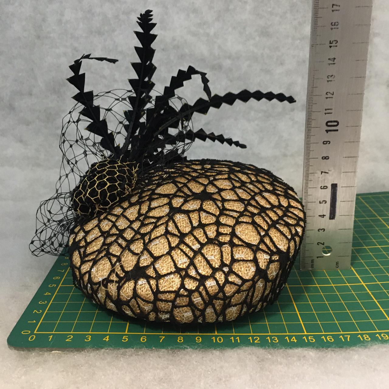 Barbara: Slanted Cocktail Fascinator with Gold Base and Spider Netting, Accented with Feather Spray