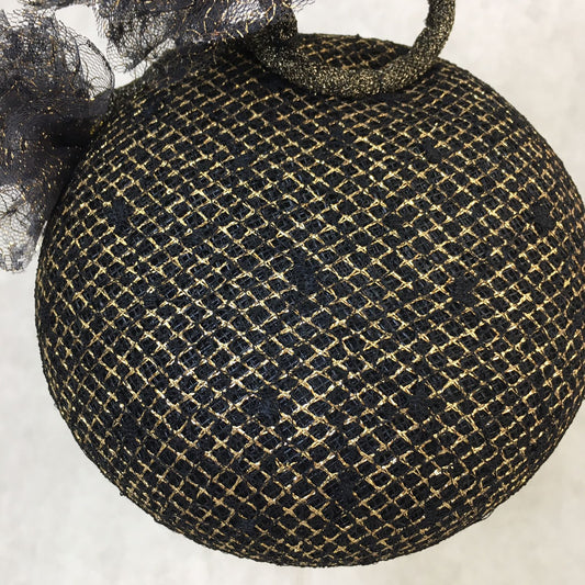 Bella: Domed Cocktail Fascinator / Black and Gold Trim with Handmade Black and Gold Netted Flowers