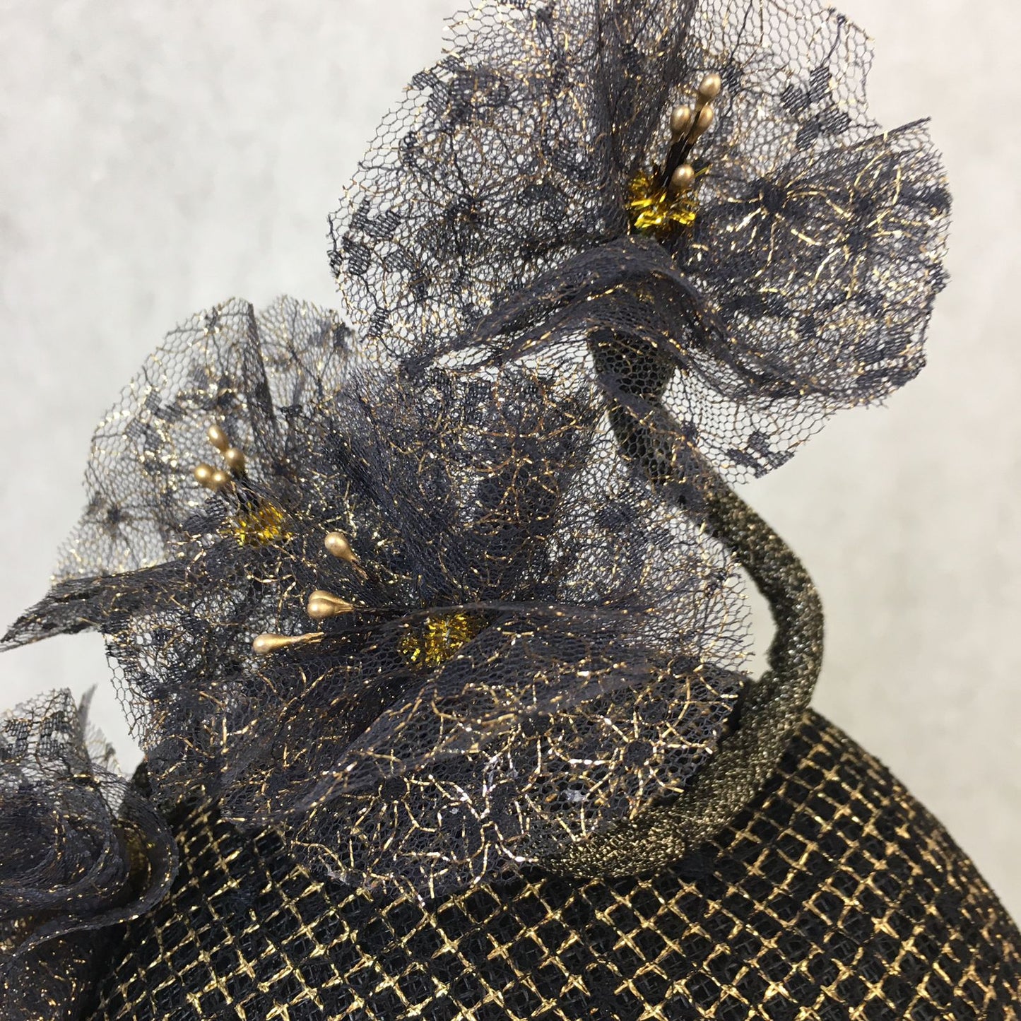 Bella: Domed Cocktail Fascinator / Black and Gold Trim with Handmade Black and Gold Netted Flowers