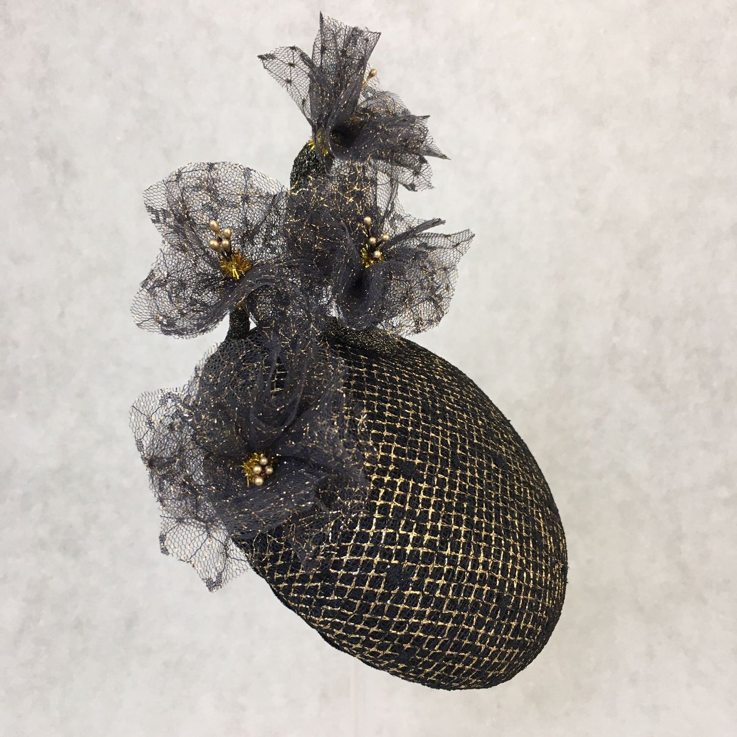 Bella: Domed Cocktail Fascinator / Black and Gold Trim with Handmade Black and Gold Netted Flowers
