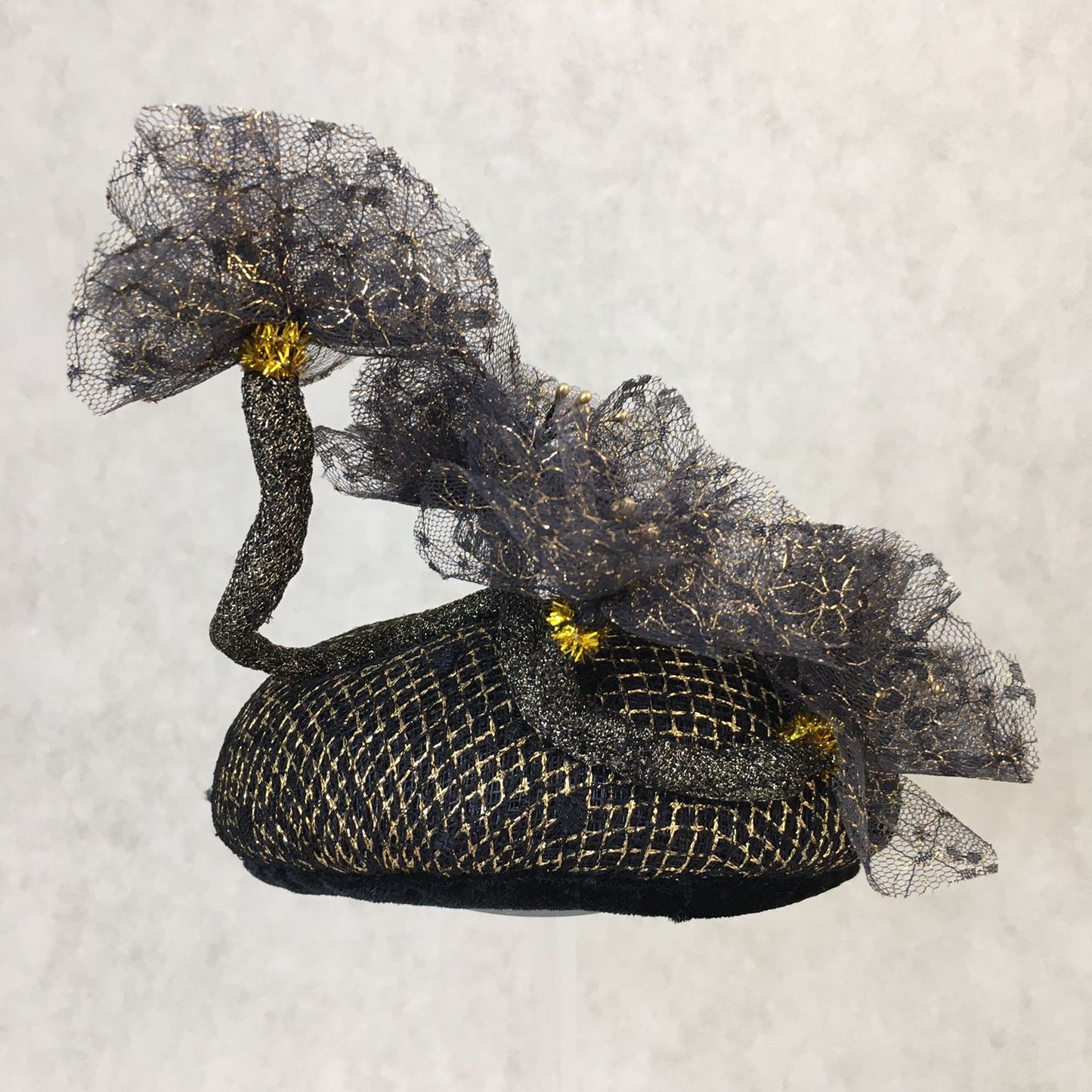 Bella: Domed Cocktail Fascinator / Black and Gold Trim with Handmade Black and Gold Netted Flowers