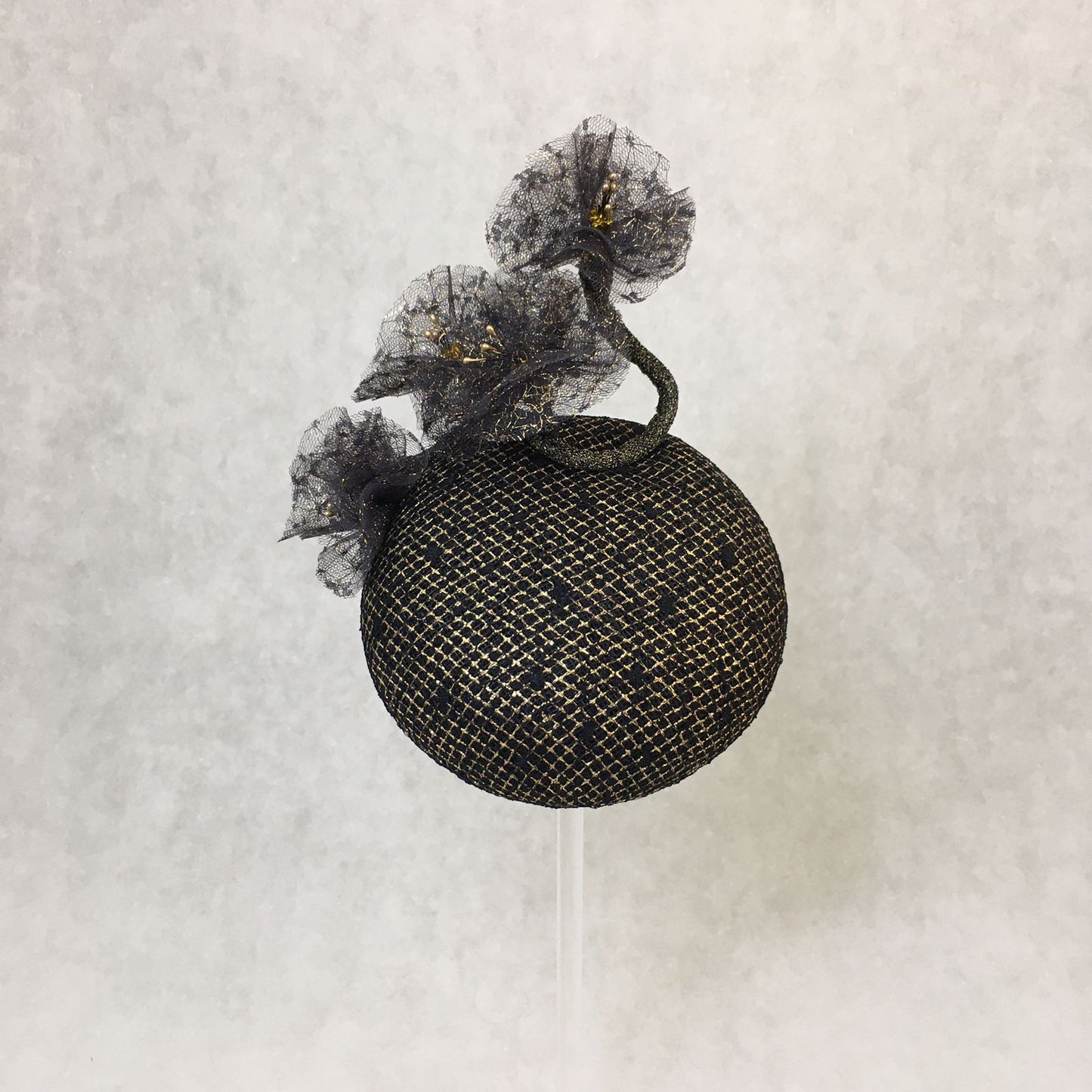 Bella: Domed Cocktail Fascinator / Black and Gold Trim with Handmade Black and Gold Netted Flowers